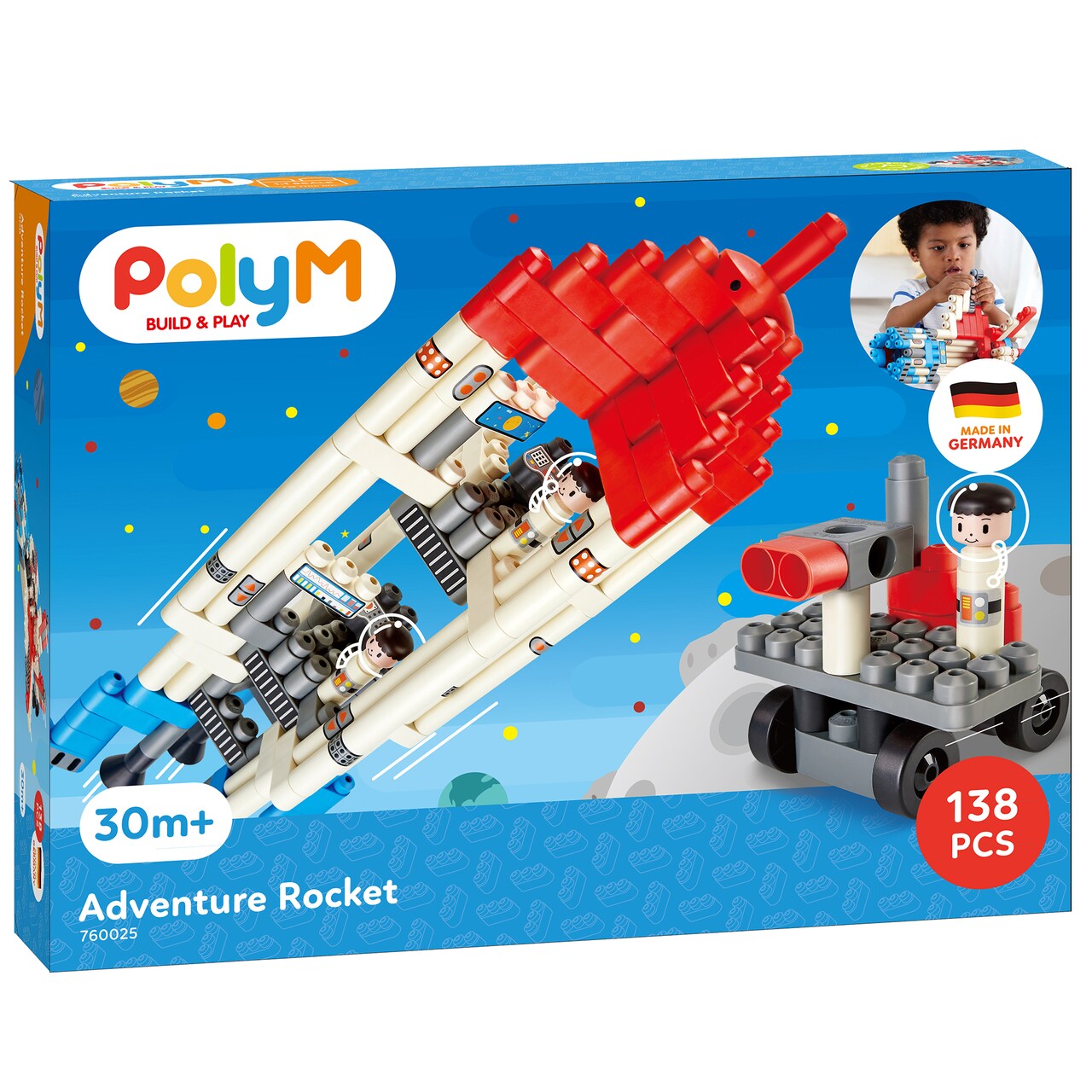 Hape: PolyM: Adventure Rocket - Red-Blue-White - 138pc Building Block Toy Set, Figurine, Build & Play, Open Play & Inspiration Card, Toddlers Kids 2+